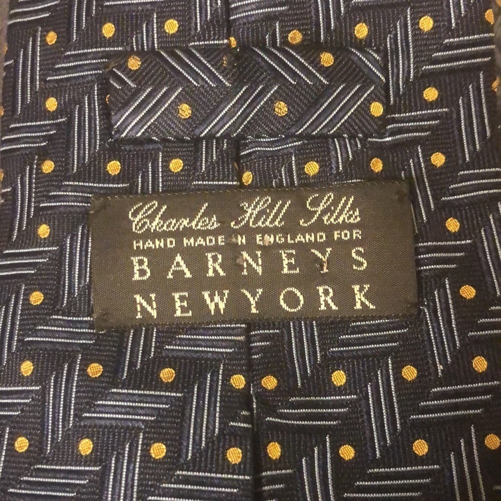 Charles Hill for Barneys NY blue & gold geometric pattern silk tie